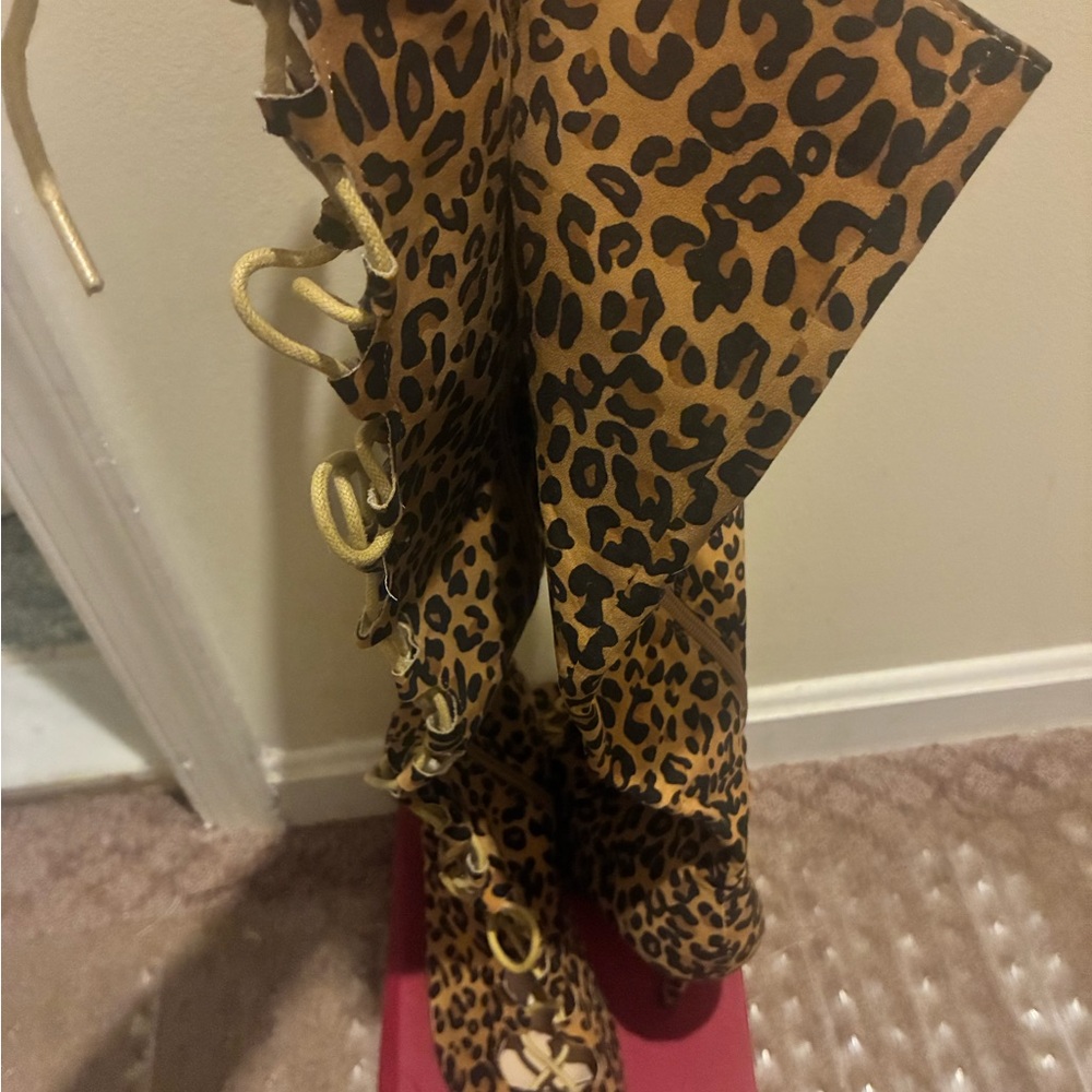 Leopard Print Lace-Up Thigh-High Boots - Brown Black